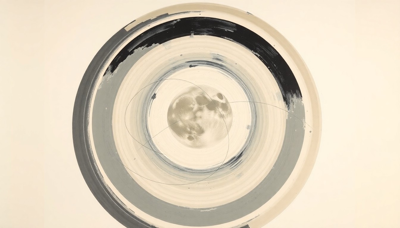 A vibrant, abstract painting in soft blues, greens, and purples, featuring sweeping geometric arcs and concentric circles that evoke the cyclical patterns of the lunar phases and the grandeur of the night sky.