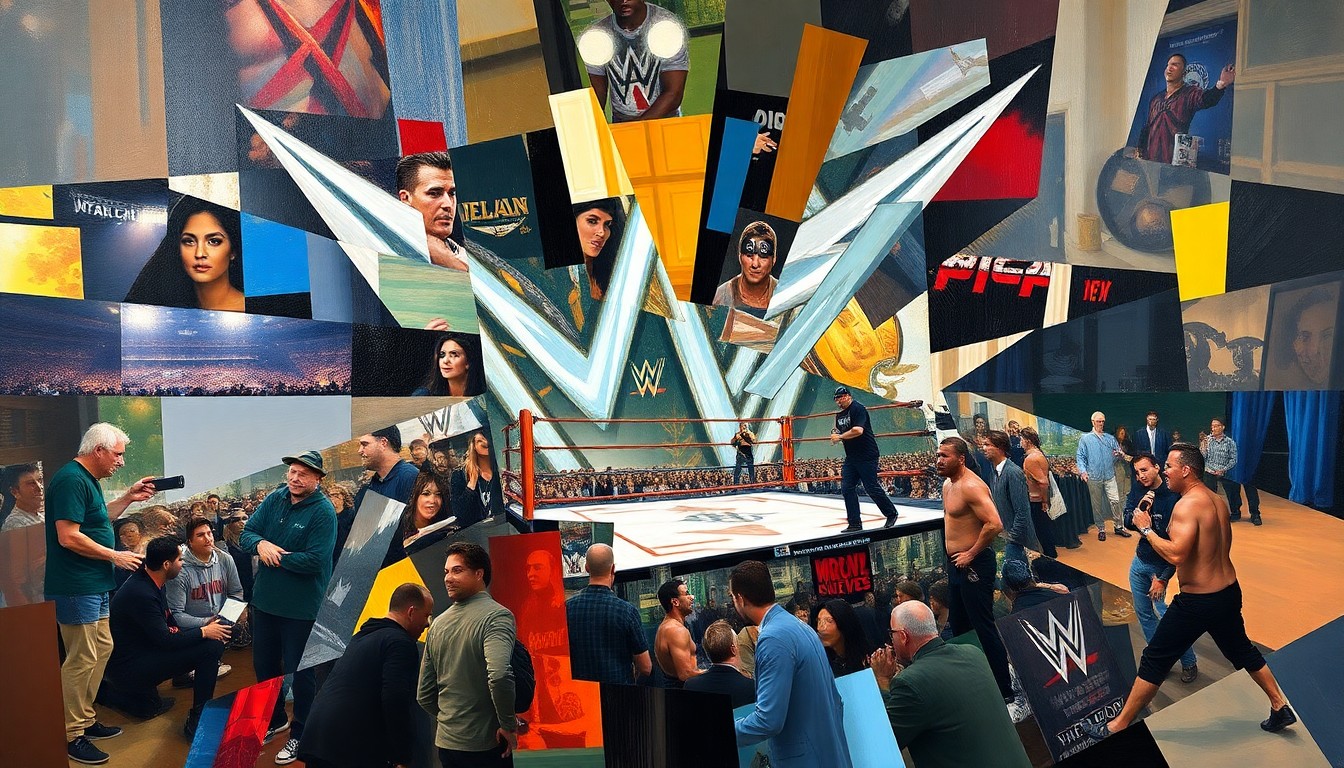 A cubist, geometric painting depicting a WWE match or competition, with the action broken down into sharp, overlapping planes of color and shape, capturing the raw energy and dynamism of the sport.