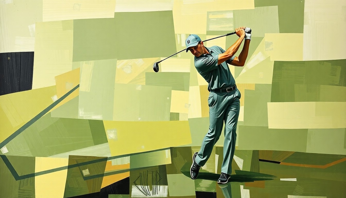 A cubist-style painting depicting a golfer's swing broken down into sharp, overlapping geometric shapes in muted greens, browns, and grays, conceptually representing the mental health challenges faced by elite athletes.