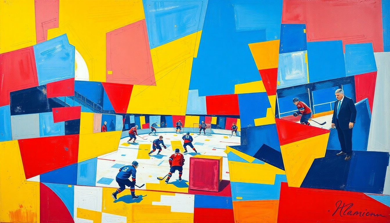 A cubist, geometric painting depicting a hockey game, with overlapping planes of color and movement, capturing the intensity and unpredictability of the NHL's wild-card race.
