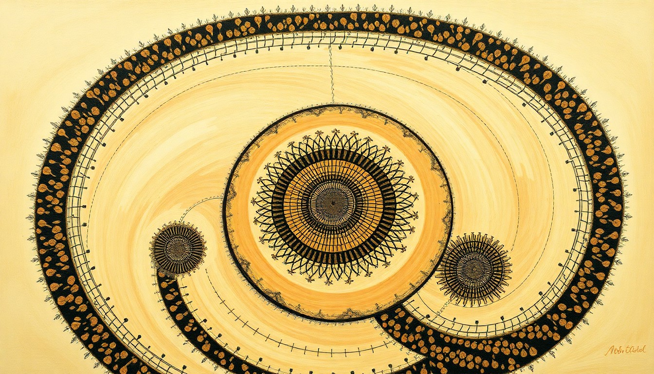 A bold, abstract painting in soft earth tones depicts the complex, interconnected systems of a biomass-fueled combined heat and power plant, conceptually representing the technological innovation behind turning wood dust into electricity.