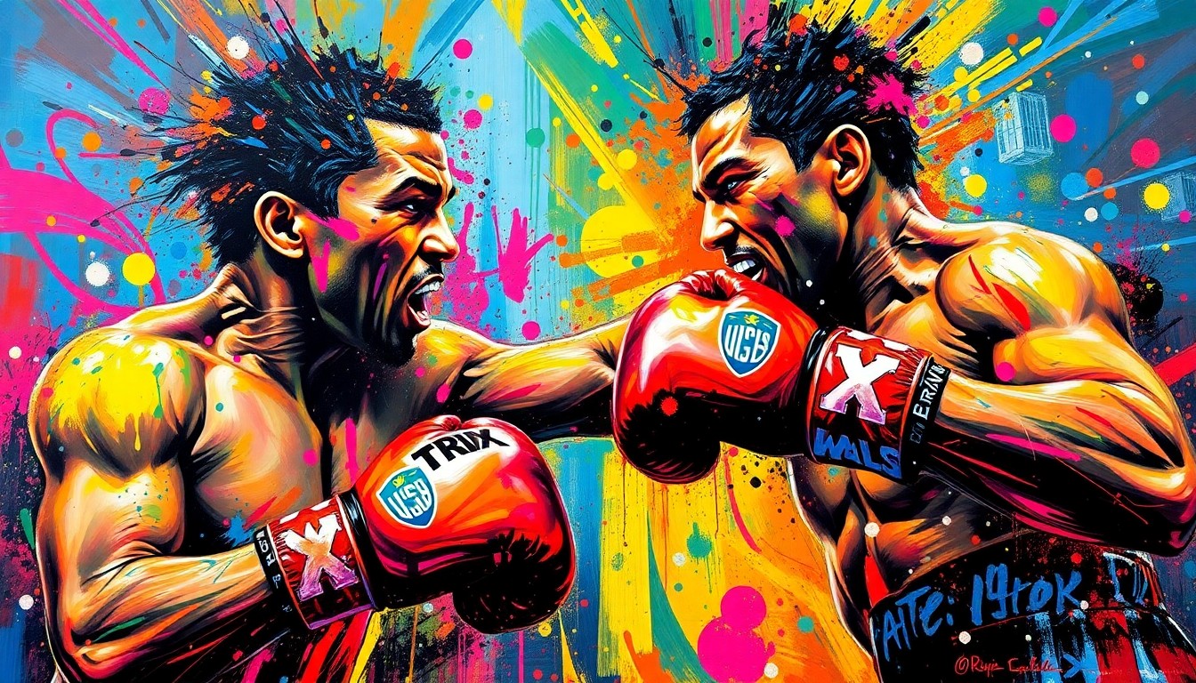 An abstract expressionist painting in vibrant neon colors, with rapid brushstrokes capturing the explosive energy and powerful movements of a heavyweight boxing match, the faces and details dissolving into unrecognizable splatters.