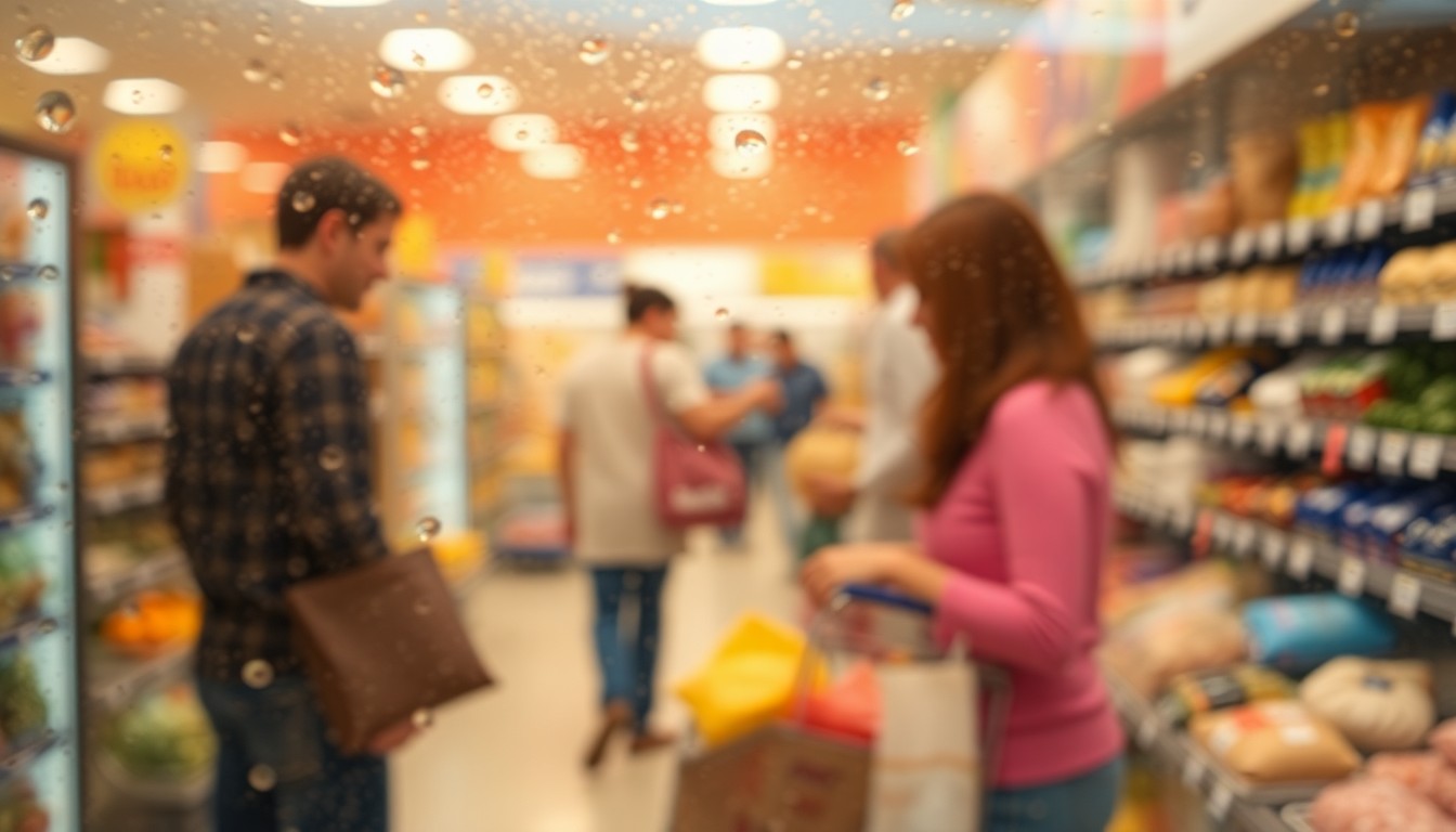 An abstract, impressionistic scene of a family grocery shopping, with soft, blurred colors and lighting creating a sense of warmth and intimacy.