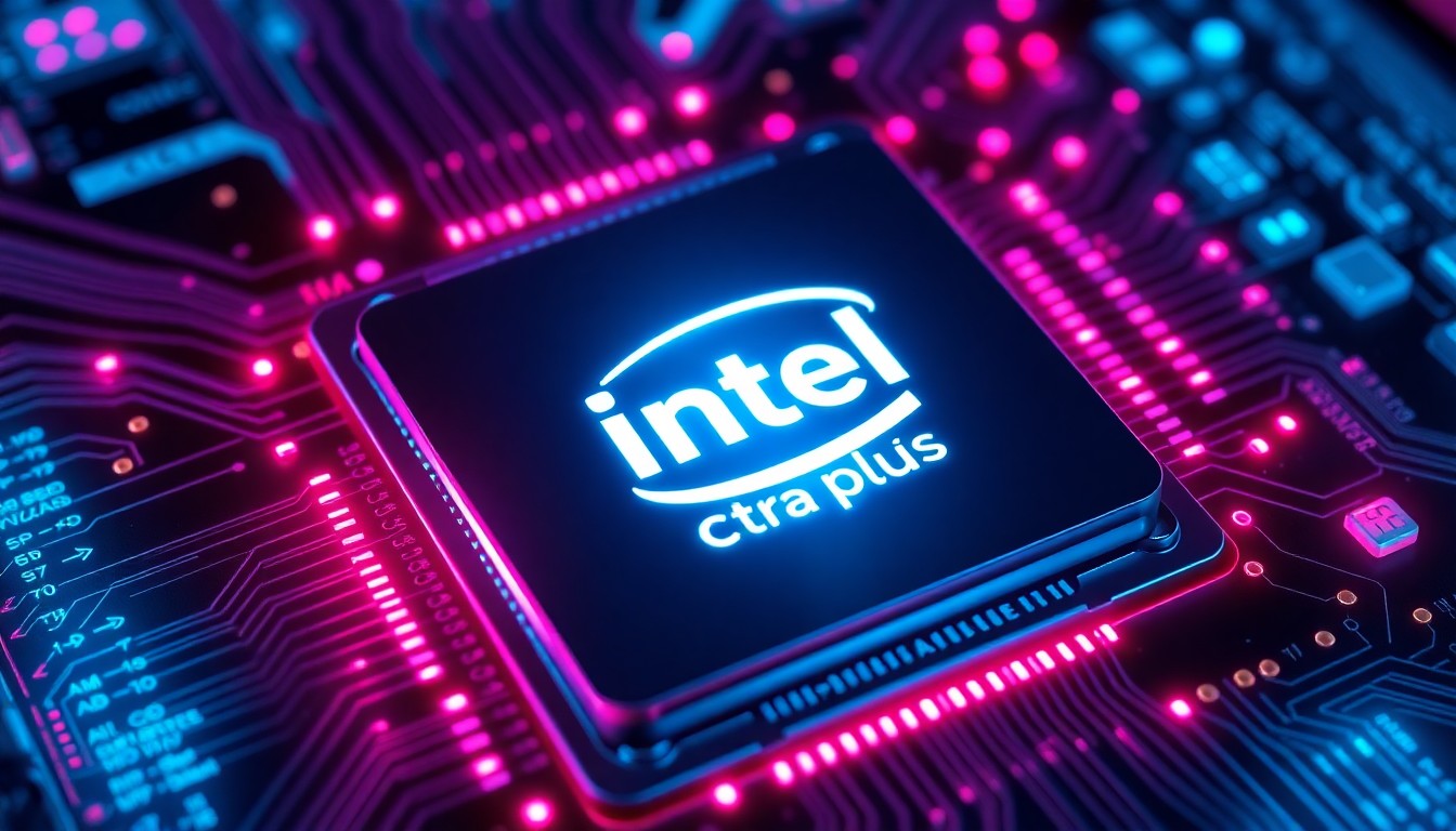 A highly detailed, glowing 3D illustration of an advanced Intel CPU chip with intricate circuitry and neon lighting, conceptually representing the powerful processing capabilities of the new hardware.