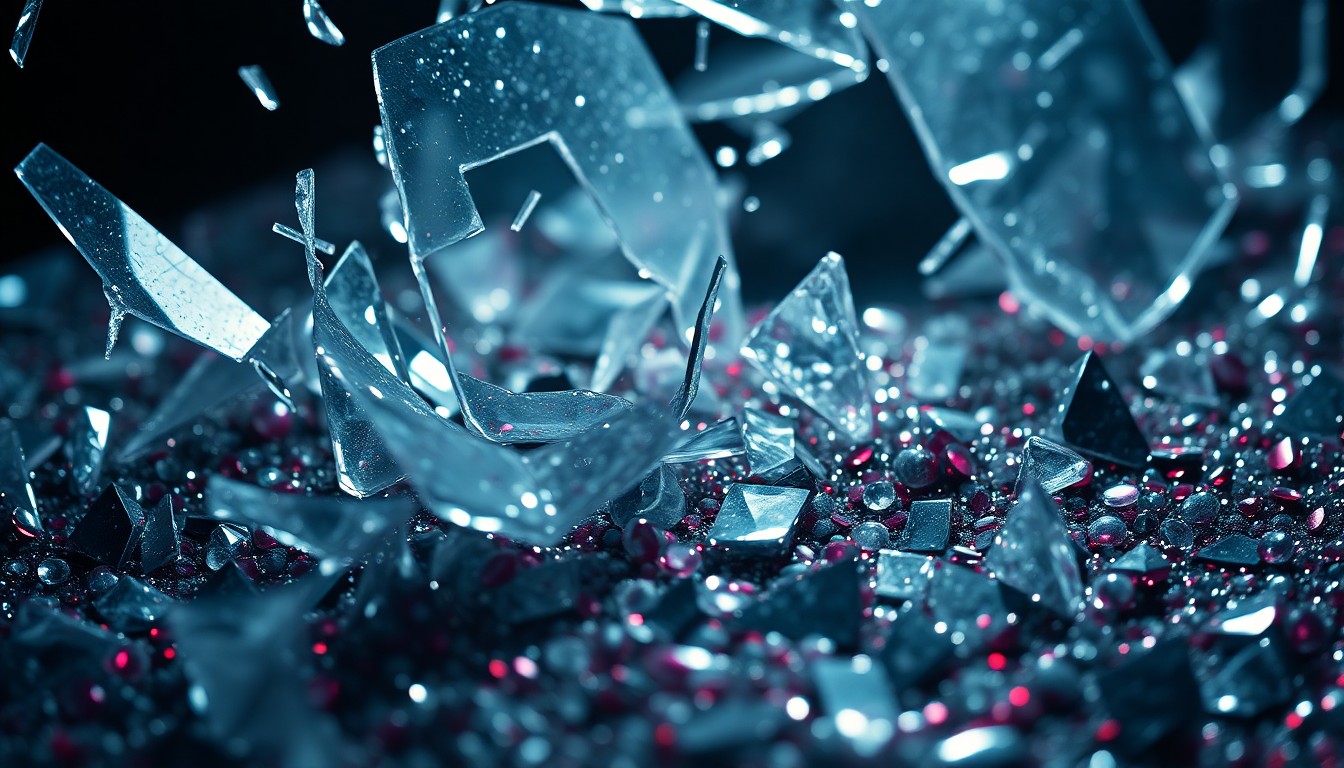 An abstract close-up image of shattered glass and glittering sequins, captured in high-contrast studio lighting to evoke the atmospheric, gothic horror style of the film Twixt.