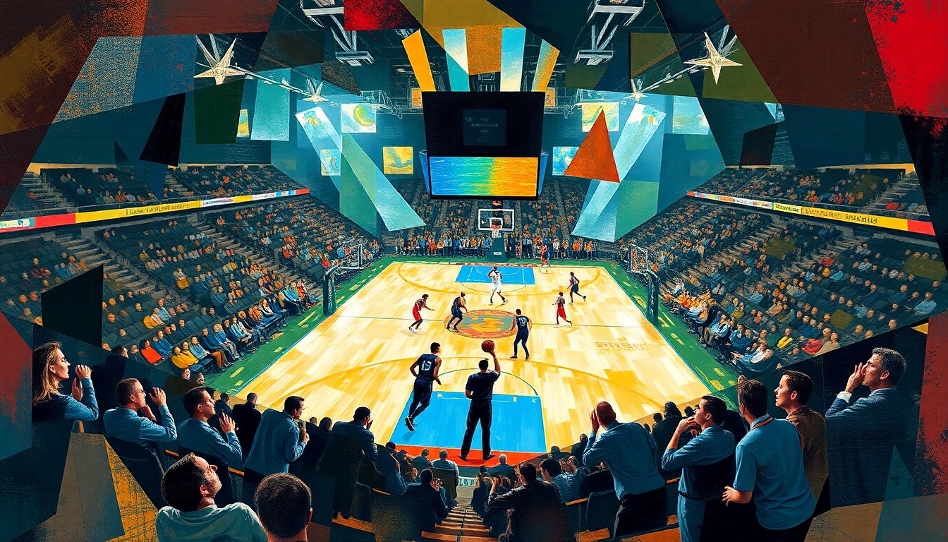 A fractured, cubist-style painting depicting a basketball game, with the players' forms broken down into angular, overlapping geometric shapes. The court and arena fade into the background, creating a sense of fragmentation and abstraction that reflects the impact of injuries on the game.