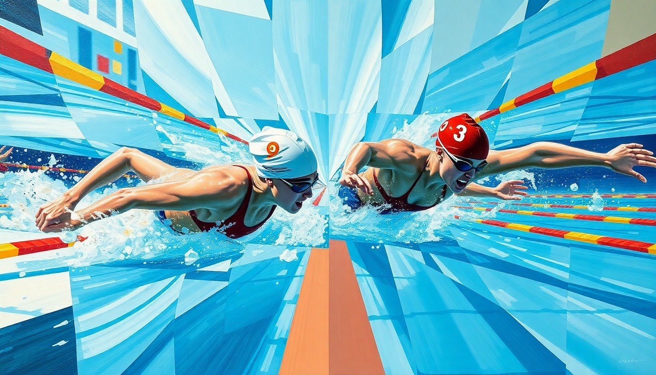 A fragmented, geometric painting depicting the motion and energy of a swimming race, with overlapping planes of color and form representing the competitive clash between the two athletes.