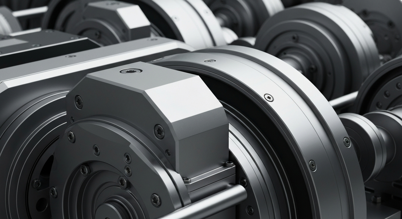 A highly detailed, cinematic close-up of intricate, metallic semiconductor manufacturing equipment in shades of silver, gunmetal, and charcoal, representing the complex technology and infrastructure of the semiconductor industry.