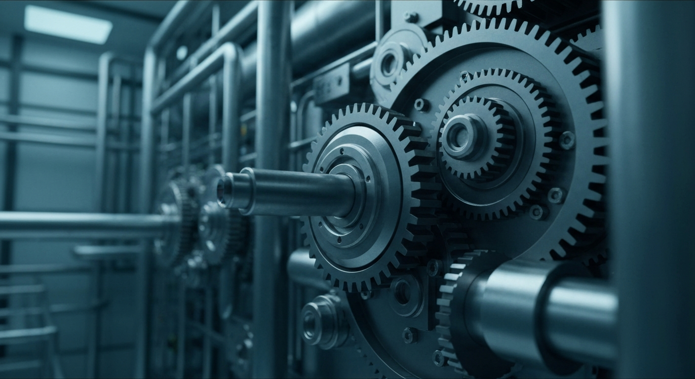 An extreme close-up of the complex machinery and components inside a pharmaceutical manufacturing facility, representing the technical sophistication and industrial scale behind Regeneron's drug development.