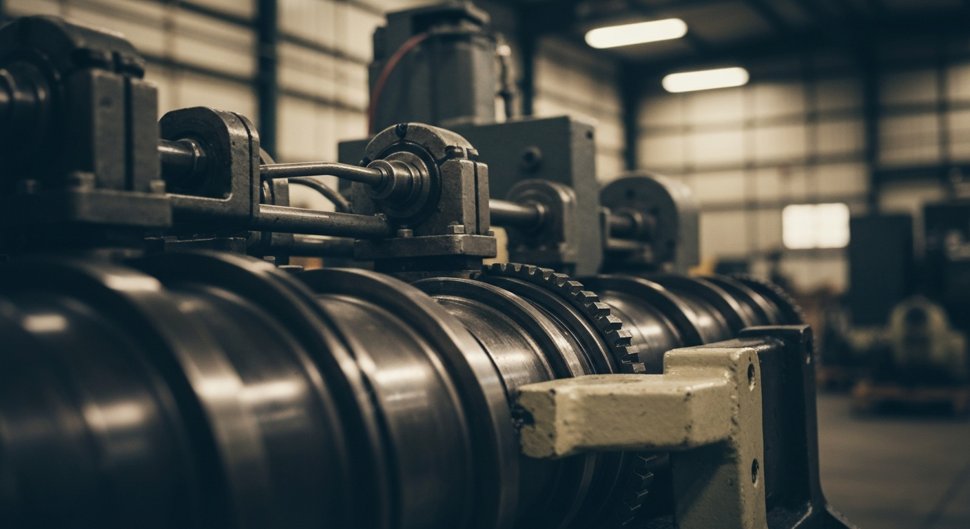 An extreme close-up of the intricate inner workings of an industrial cash counting machine, with gears, levers, and mechanisms rendered in dramatic chiaroscuro lighting, conceptually representing the financial infrastructure and institutional investment behind Dollar General's success.