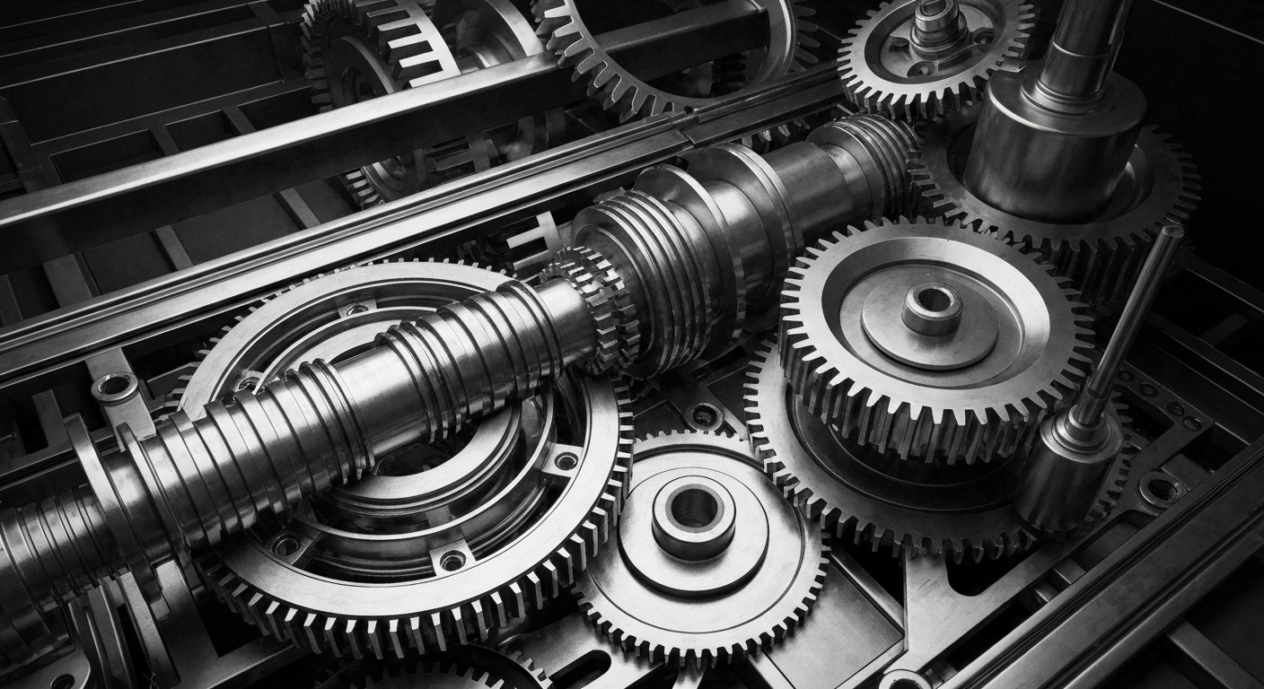 An extreme close-up of a complex array of metallic gears, levers, and mechanisms, representing the inner workings of the financial industry and the technological infrastructure that powers it.