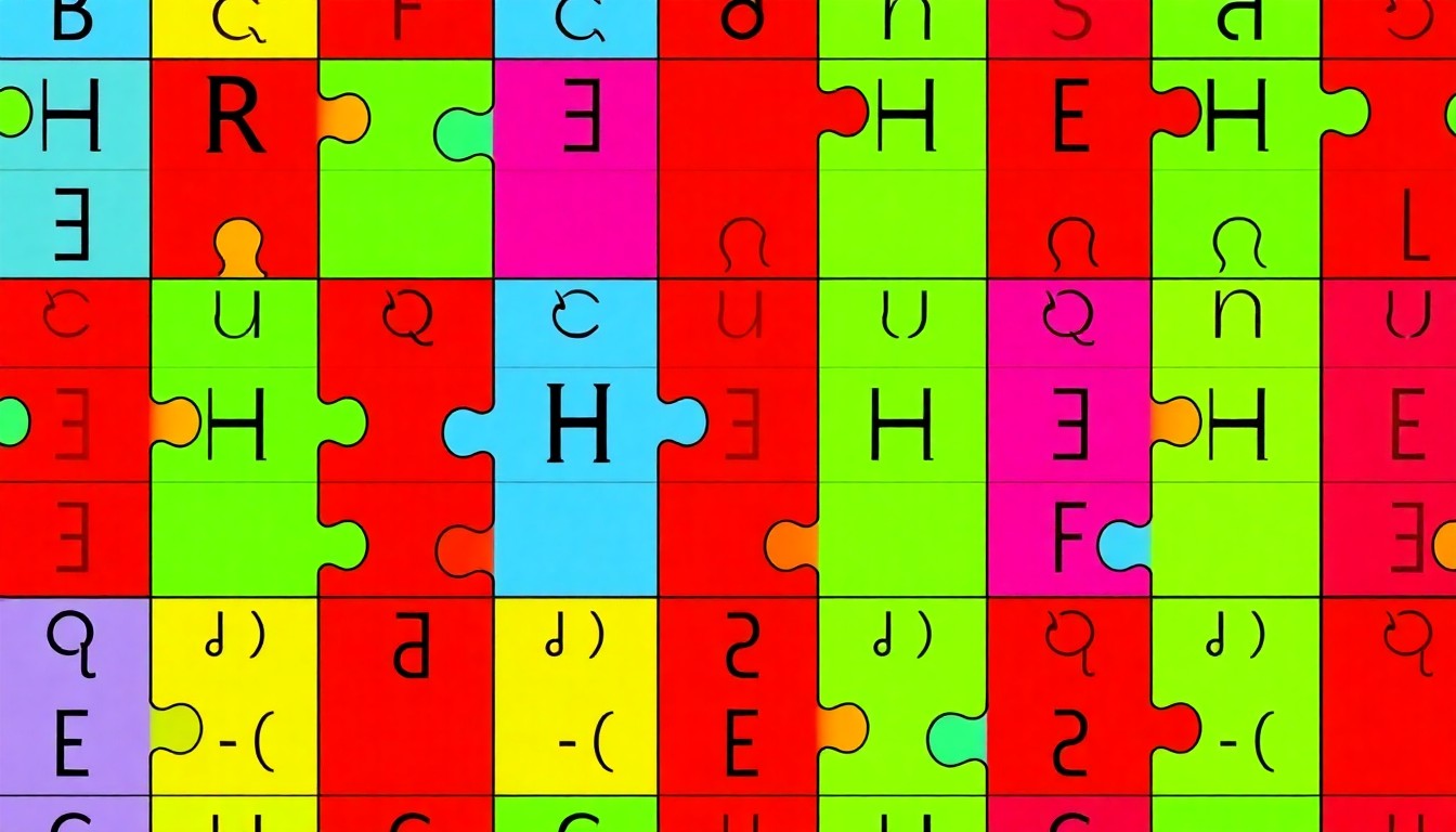 A grid of brightly colored, high-contrast silkscreen print tiles in neon shades of blue, green, and pink, representing an iconic crossword puzzle piece, conceptually illustrating the playful and engaging nature of solving word games.