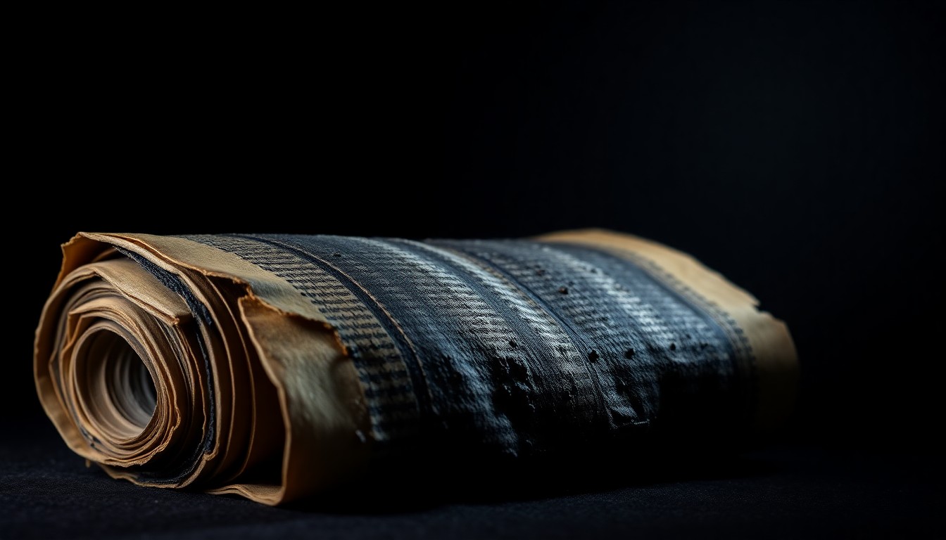 An extreme close-up photograph of a charred Torah scroll, its once-sacred pages blackened and crumpled, conveying the stark, gritty, and investigative nature of this hate crime.