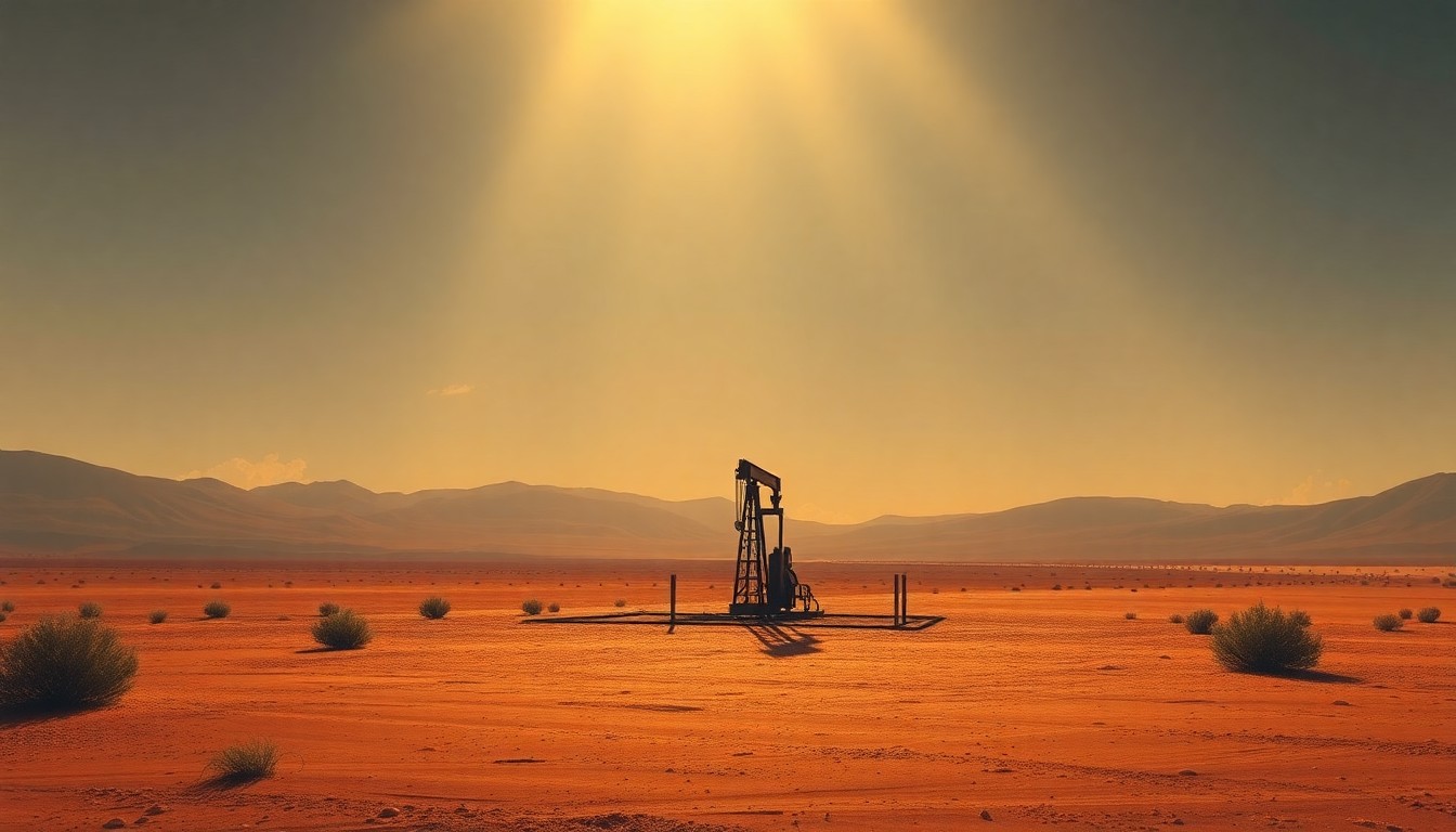 A serene, photorealistic painting of a solitary oil pump jack standing in a vast, sun-drenched Venezuelan landscape, with warm, diagonal sunlight casting deep shadows across the scene, capturing the quiet tension and uncertainty surrounding the country's energy sector.