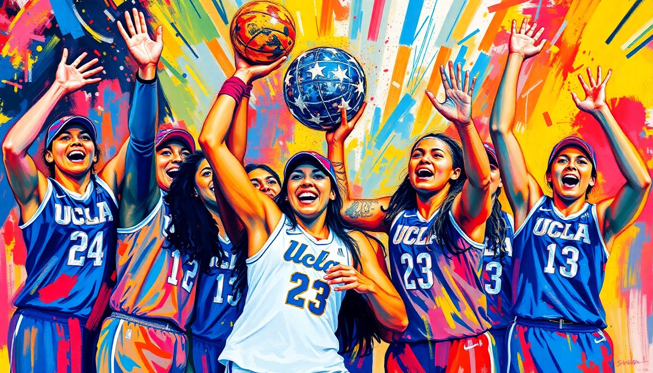 An abstract, expressionist painting in neon colors depicting the celebratory energy of a basketball team after a championship victory, with players' forms dissolving into vibrant brushstrokes.