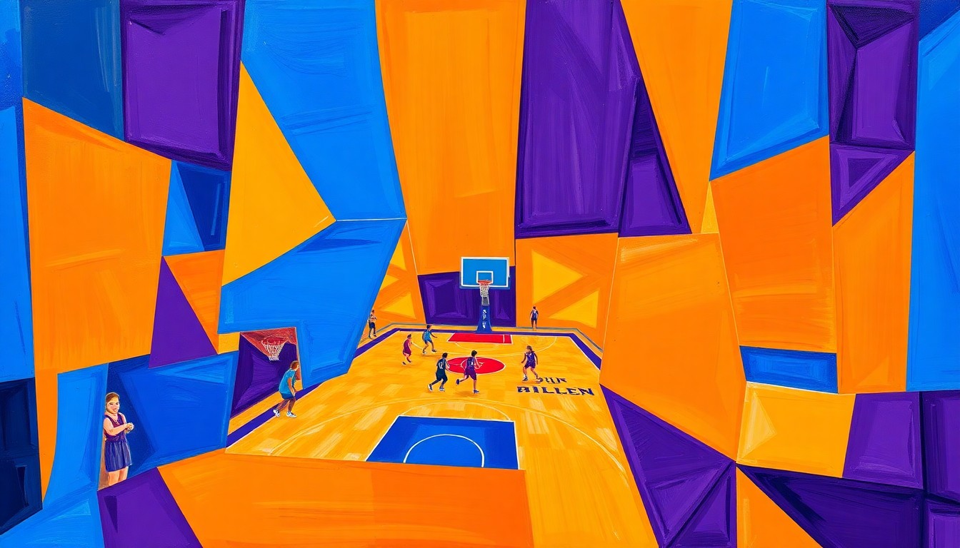 A fractured, multi-perspective painting in a cubist style, with sharp, overlapping geometric planes in vibrant shades of blue, orange, and purple, conceptually representing the strategic depth and dynamic energy of a championship-level girls basketball team.