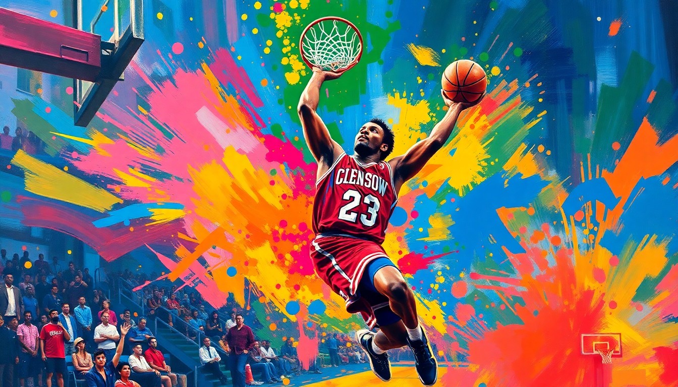 An abstract, expressionist painting in neon colors depicting the powerful motion and energy of a basketball dunk, with the player's jersey and court fading into vibrant brushstrokes, capturing the celebratory spirit of the event.