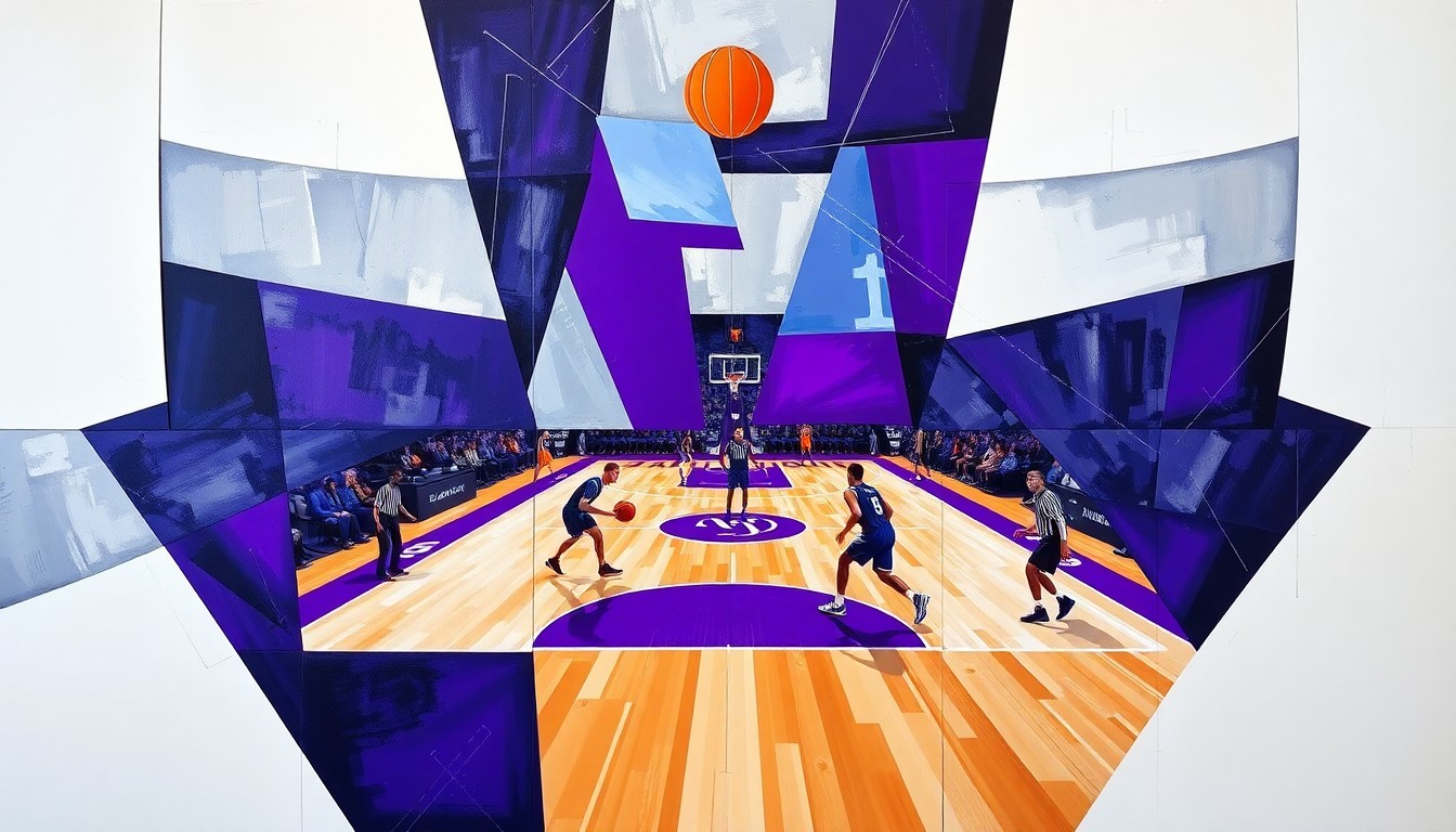 A fractured, multi-perspective painting in the style of Pablo Picasso, breaking a basketball game down into sharp, overlapping geometric planes of vibrant team colors like royal purple, silver, and white, conceptually representing the Kings' roster moves.