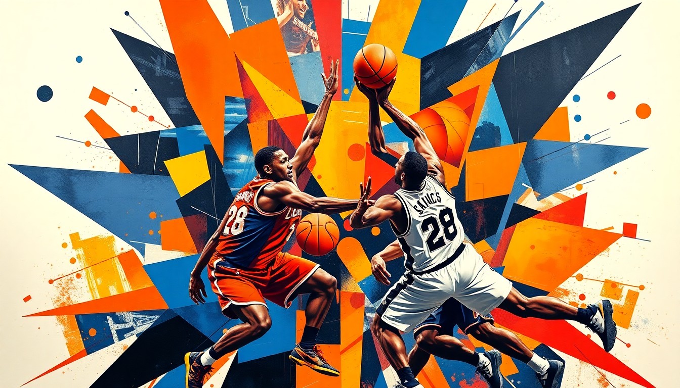 A fractured, cubist-style painting depicting a basketball game between the New York Knicks and San Antonio Spurs. Sharp, overlapping geometric shapes in vibrant colors represent the players' movements and the ball's trajectory, capturing the intensity and disruption of the Knicks' defensive effort.