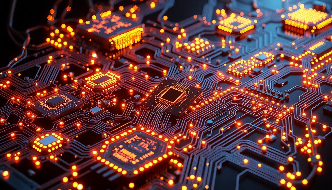 A highly detailed 3D illustration of glowing, illuminated AI hardware components and infrastructure, such as circuit boards, processors, and data cables, against a dark background, conceptually representing the complex, interconnected nature of advanced AI technology.