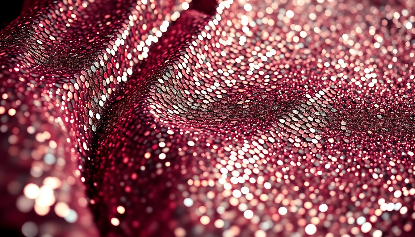 An extreme close-up of shimmering, glittering sequins reflecting dramatic studio lighting, conceptually representing the glamour and exclusivity of the Guess Compound party during Coachella.
