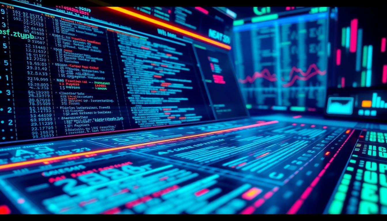 A highly detailed, glowing 3D illustration of a futuristic, neon-lit financial ledger or accounting software interface, with lines of code and data flowing through it, conceptually representing the complex financial workings of a game studio.