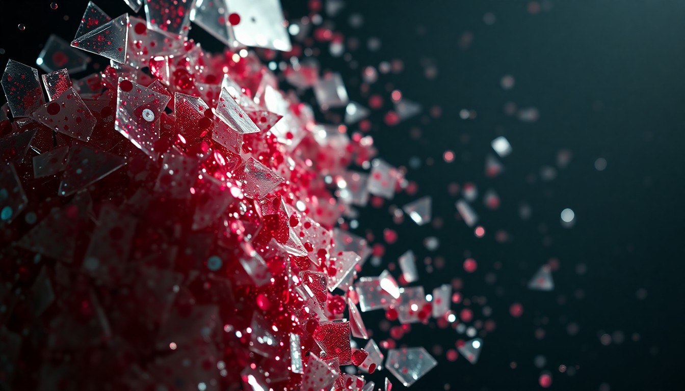 An abstract close-up image of shattered glass and glittering sequins, captured in dramatic, high-contrast studio lighting to evoke the surreal and dreamlike qualities of the 'Endless Cookie' documentary.