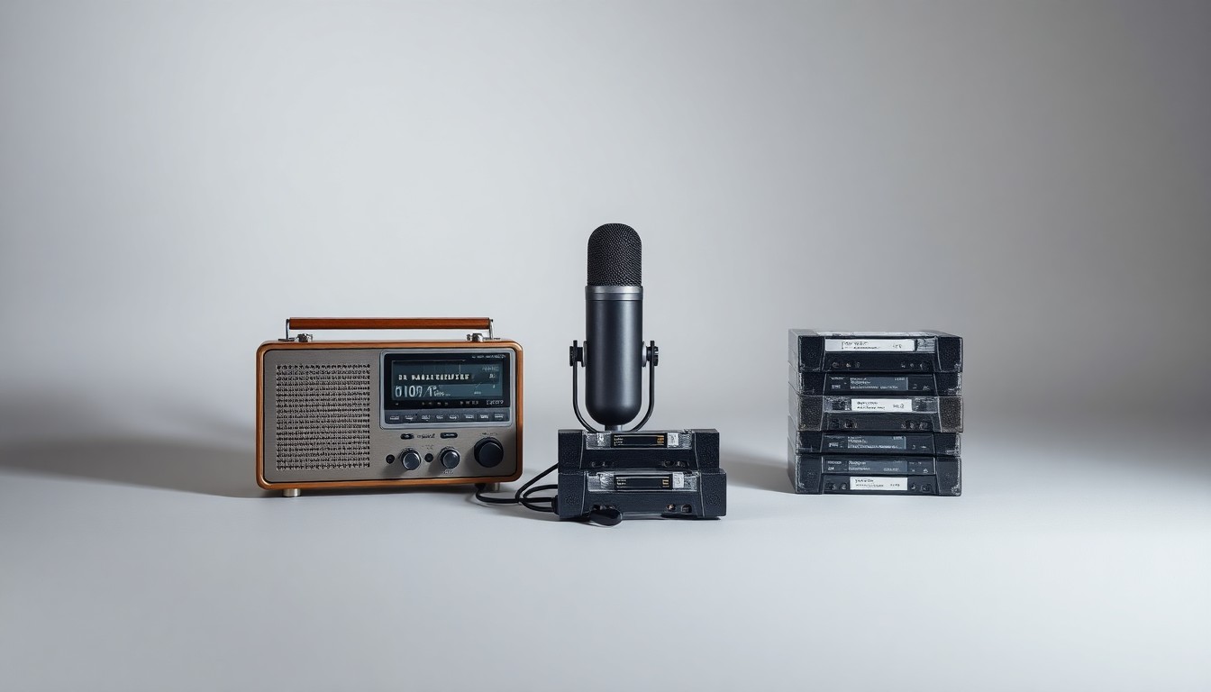 A minimalist studio still life photograph featuring a vintage radio transmitter, a microphone, and a stack of audio tapes arranged elegantly on a clean, monochromatic background, conceptually representing the evolving media landscape.