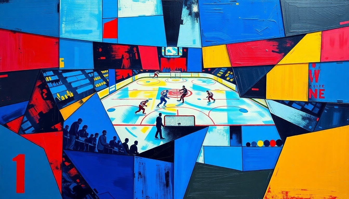 A cubist, geometric painting depicting the fragmented movements and perspectives of a hockey game, with sharp planes of color representing the players and action on the ice.