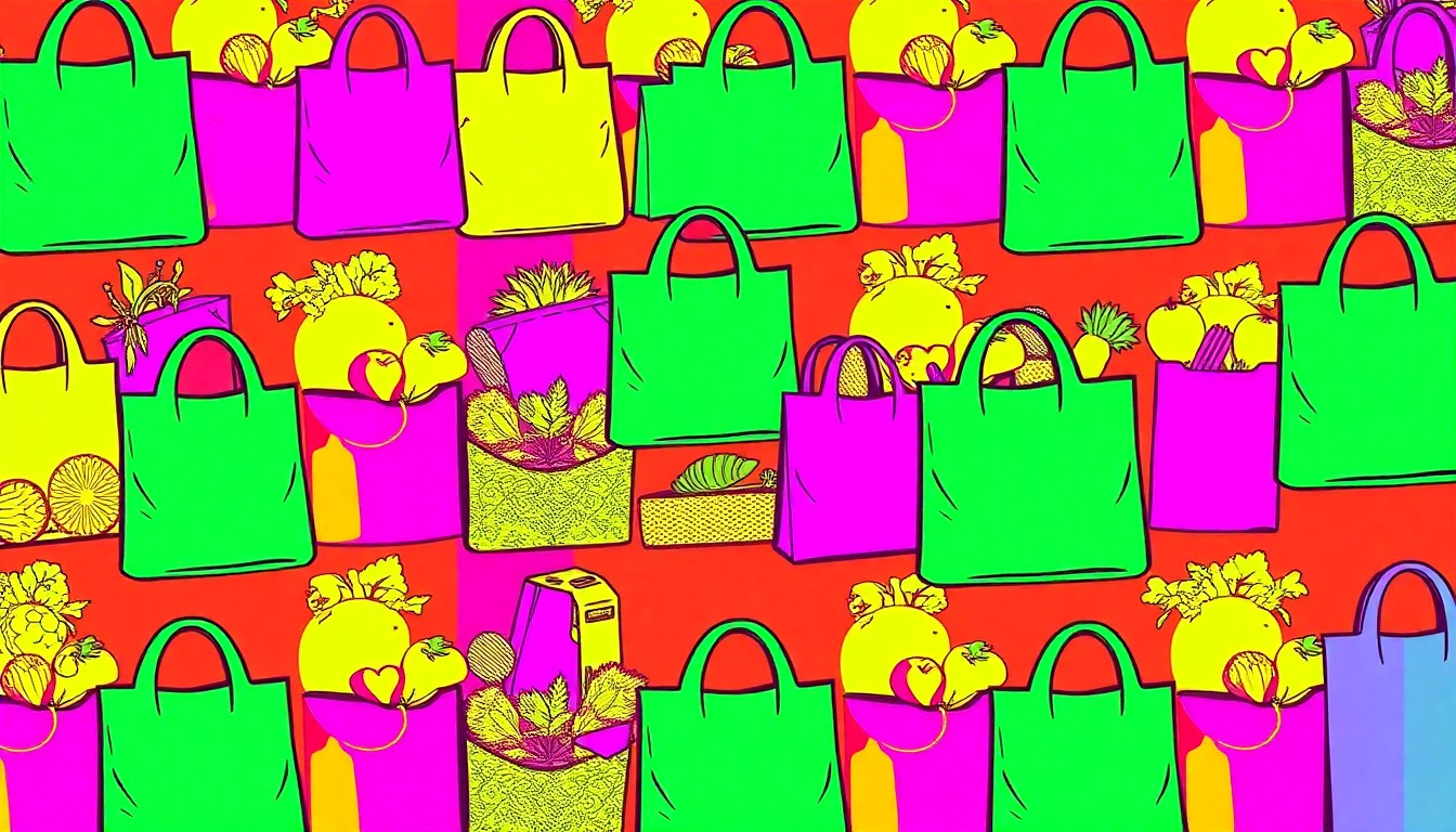 A brightly colored, high-contrast silkscreen print of a reusable grocery bag, repeated in a tight grid pattern, conceptually representing the iconic status of Rainbow Grocery as a community-driven natural foods store.