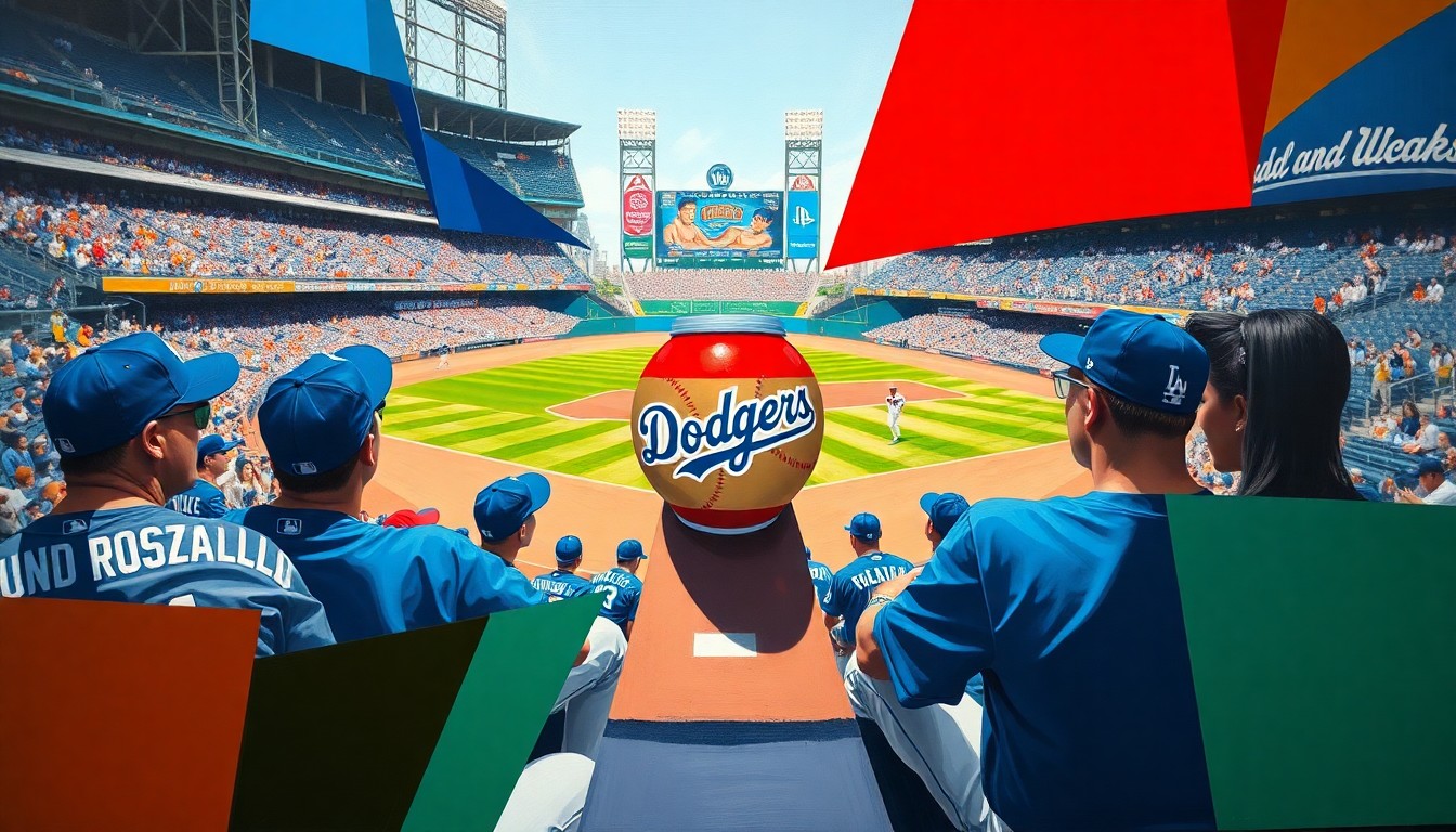 A fragmented, geometric painting depicting a Dodgers baseball game, with a red BuzzBall container as a central focal point, representing the lawsuit over the alleged incident.