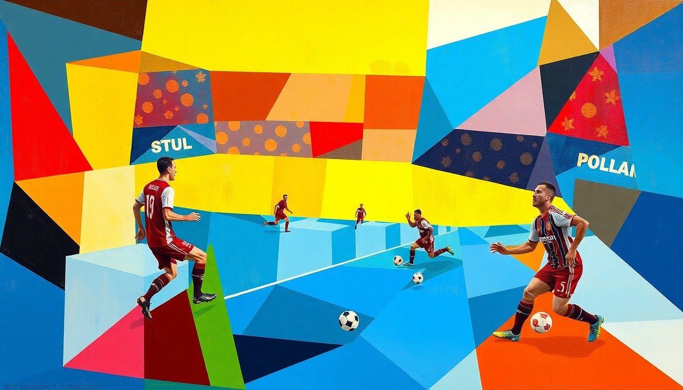 A cubist, geometric painting depicting a fragmented soccer match, with sharp overlapping planes of color representing the players and action on the field.