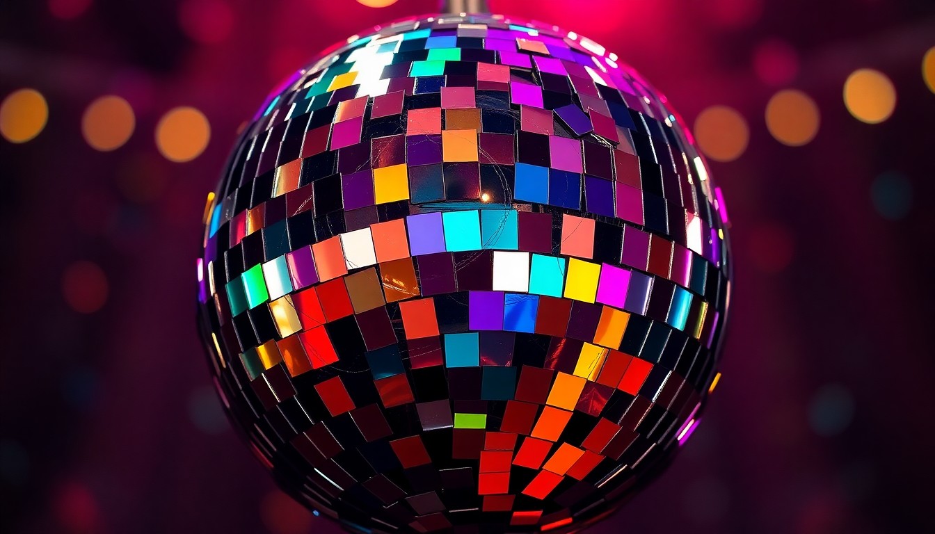 An extreme close-up photograph of a shattered disco ball reflecting a dazzling array of colors, capturing the chaotic energy and cultural collisions of a major music festival.