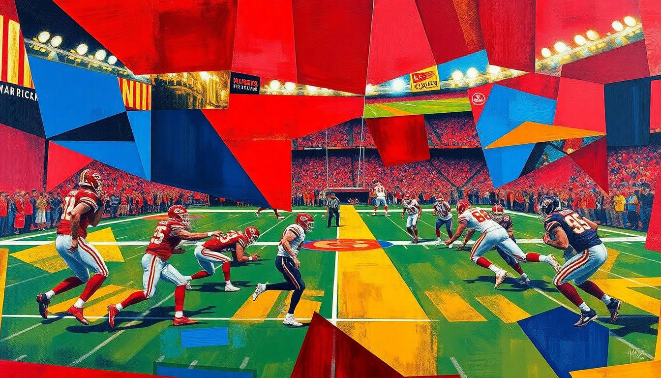 A cubist, geometric painting depicting a Kansas City Chiefs football game, with the players and field broken down into sharp, overlapping planes of deep red, royal blue, and metallic gold, capturing the dynamic energy and uncertainty of the team's transition.