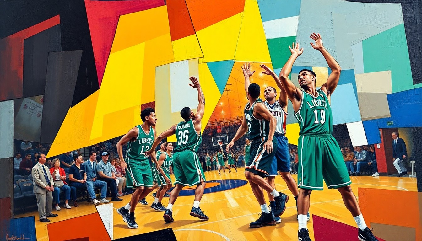 A fractured, geometric painting in vibrant colors, breaking down a basketball game into sharp, overlapping planes, conceptually representing the multifaceted legacy of Sabrina Ionescu.