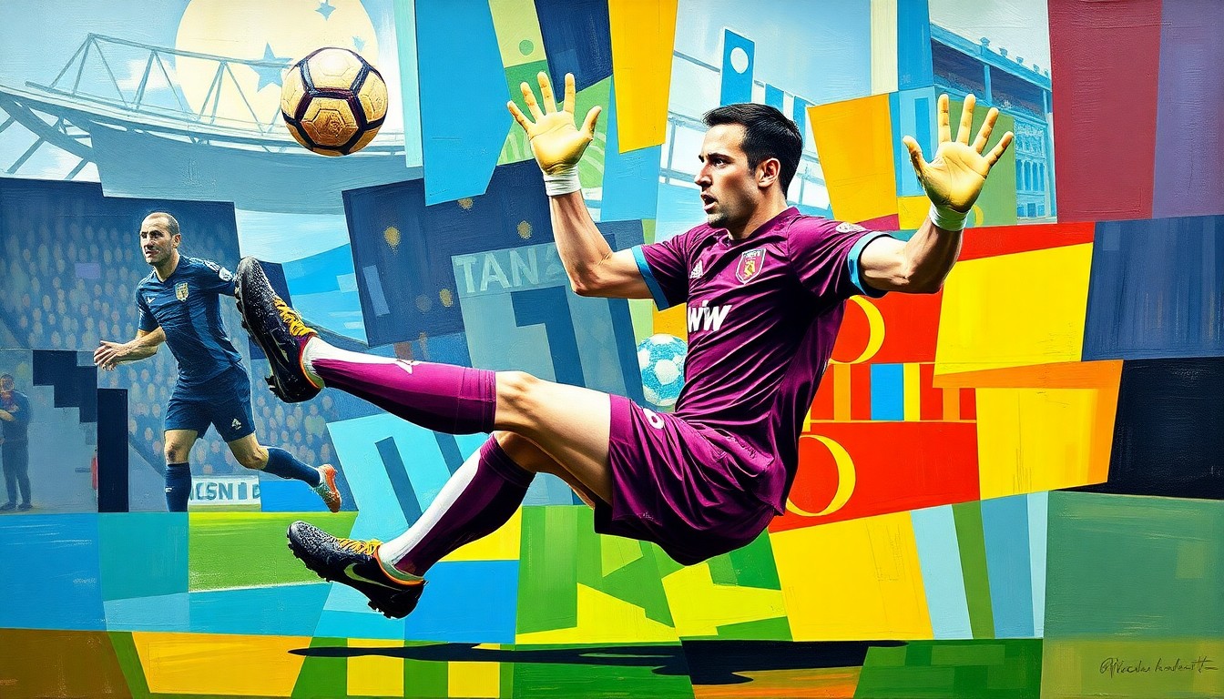 A cubist-style painting depicting a West Ham United goalkeeper in action, with the player's form broken down into sharp, overlapping geometric shapes and planes, capturing the dynamic movement and energy of the game.