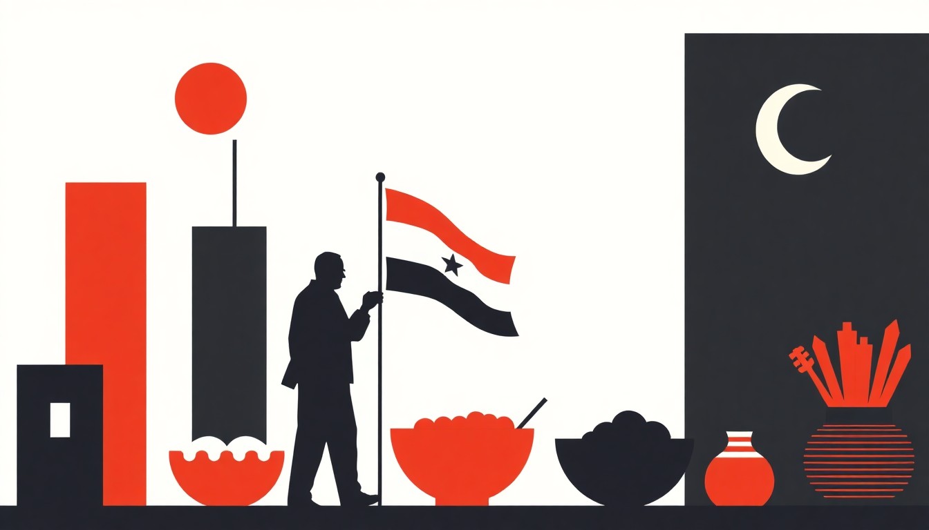An abstract geometric illustration using bold shapes and primary colors to conceptually represent the economic challenges of declining growth, rising inflation, and food insecurity caused by the Middle East war.
