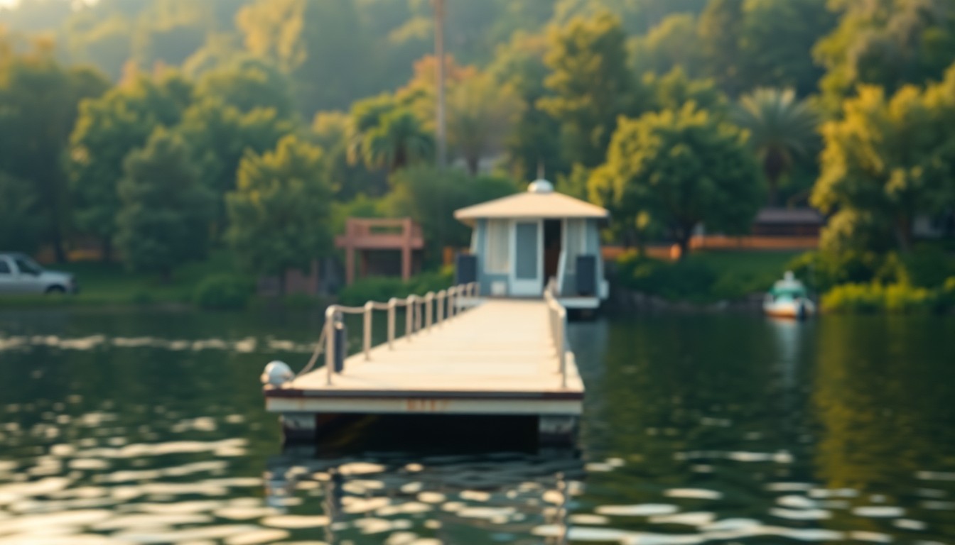 An extremely abstracted, out-of-focus photograph of a peaceful waterfront scene with a private dock, surrounded by verdant foliage and warm, diffused light, conceptually representing the tranquility and exclusivity of high-end waterfront living.