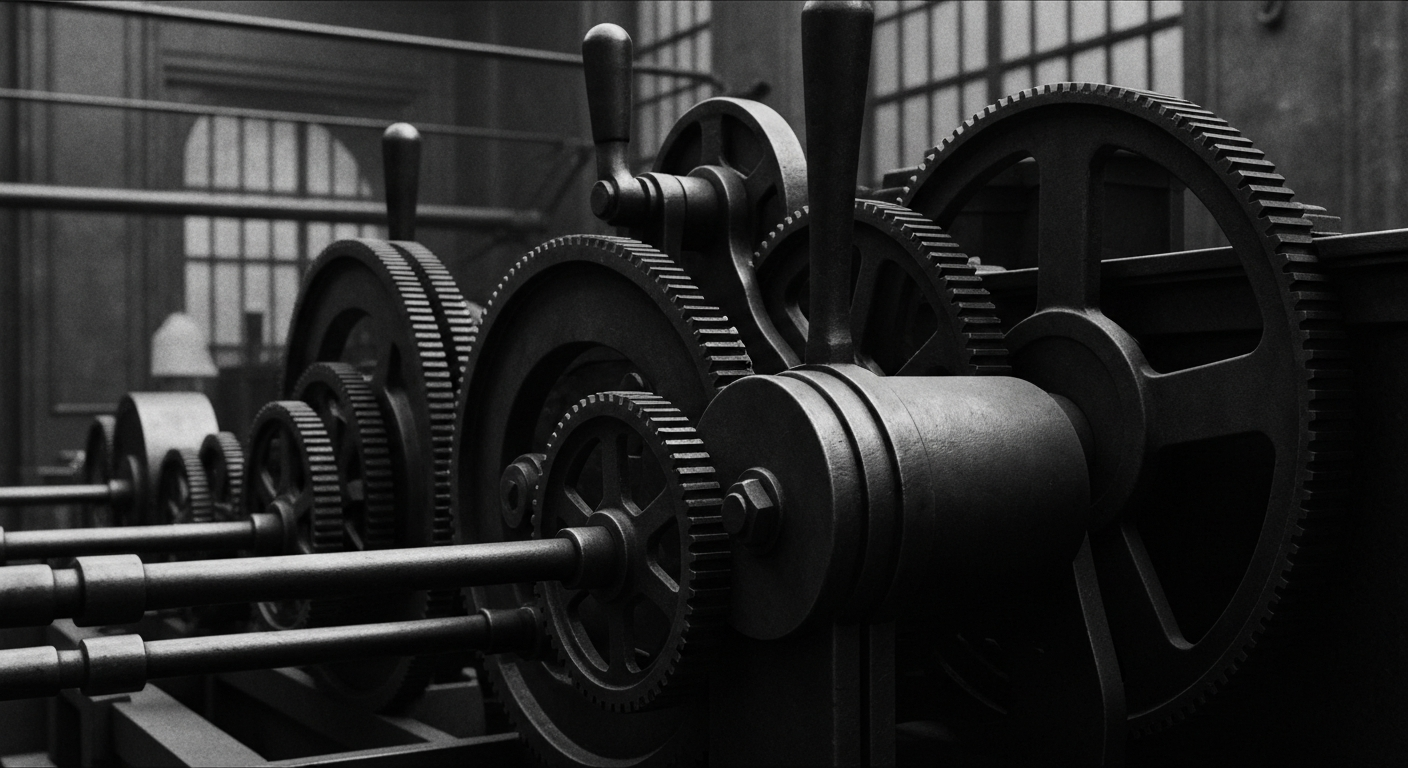 An extreme close-up of intricate, metallic banking machinery and mechanisms, conveying a sense of institutional power and financial security without using literal currency or charts.