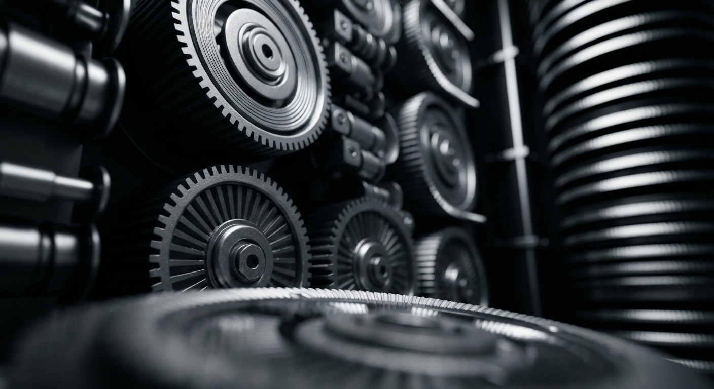 An extreme close-up of intricately geared data storage machinery in shades of silver, steel, and black, conveying the power and complexity of modern data infrastructure.