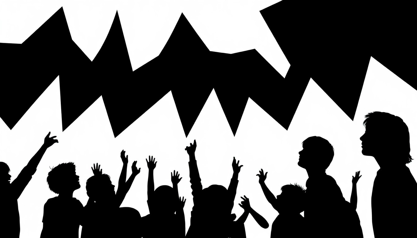 A dynamic, abstract composition of geometric black shapes and stark negative space, conveying the surprise and potential of a school choir's unexpected performance opportunity.