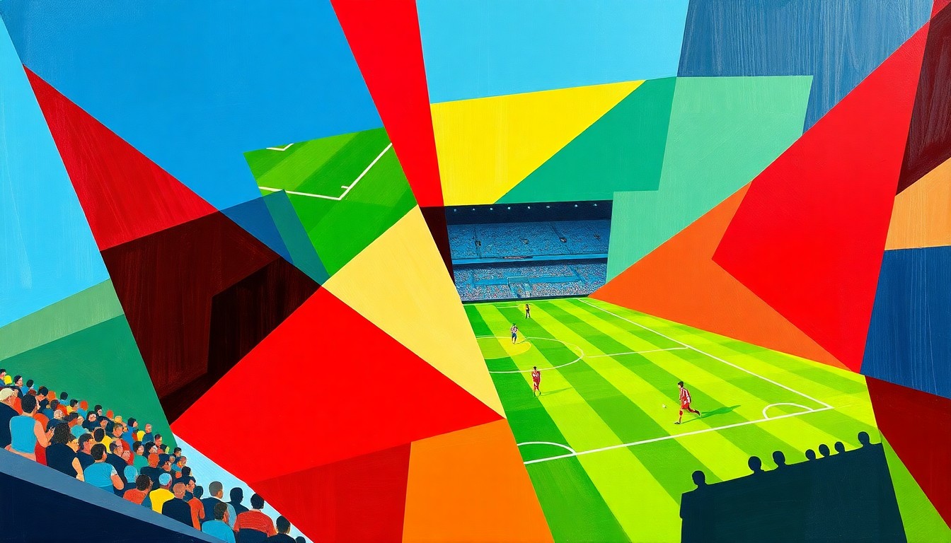 A cubist, geometric painting in the colors of Manchester City and Arsenal, with overlapping planes and shapes representing the intense competition between the two teams on the pitch.