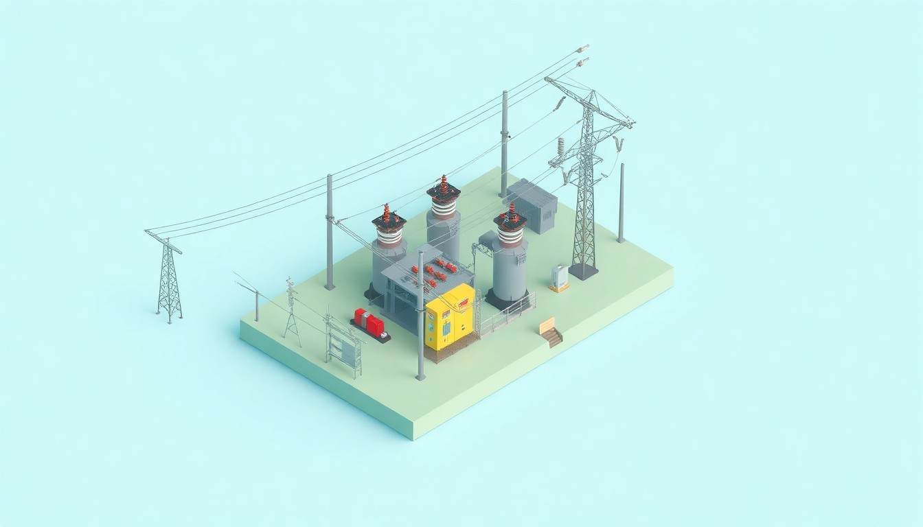 A highly stylized, isometric 3D digital illustration depicting a miniature, colorful substation with transformers and power lines, representing Indio's infrastructure upgrade to boost the city's electrical grid capacity.