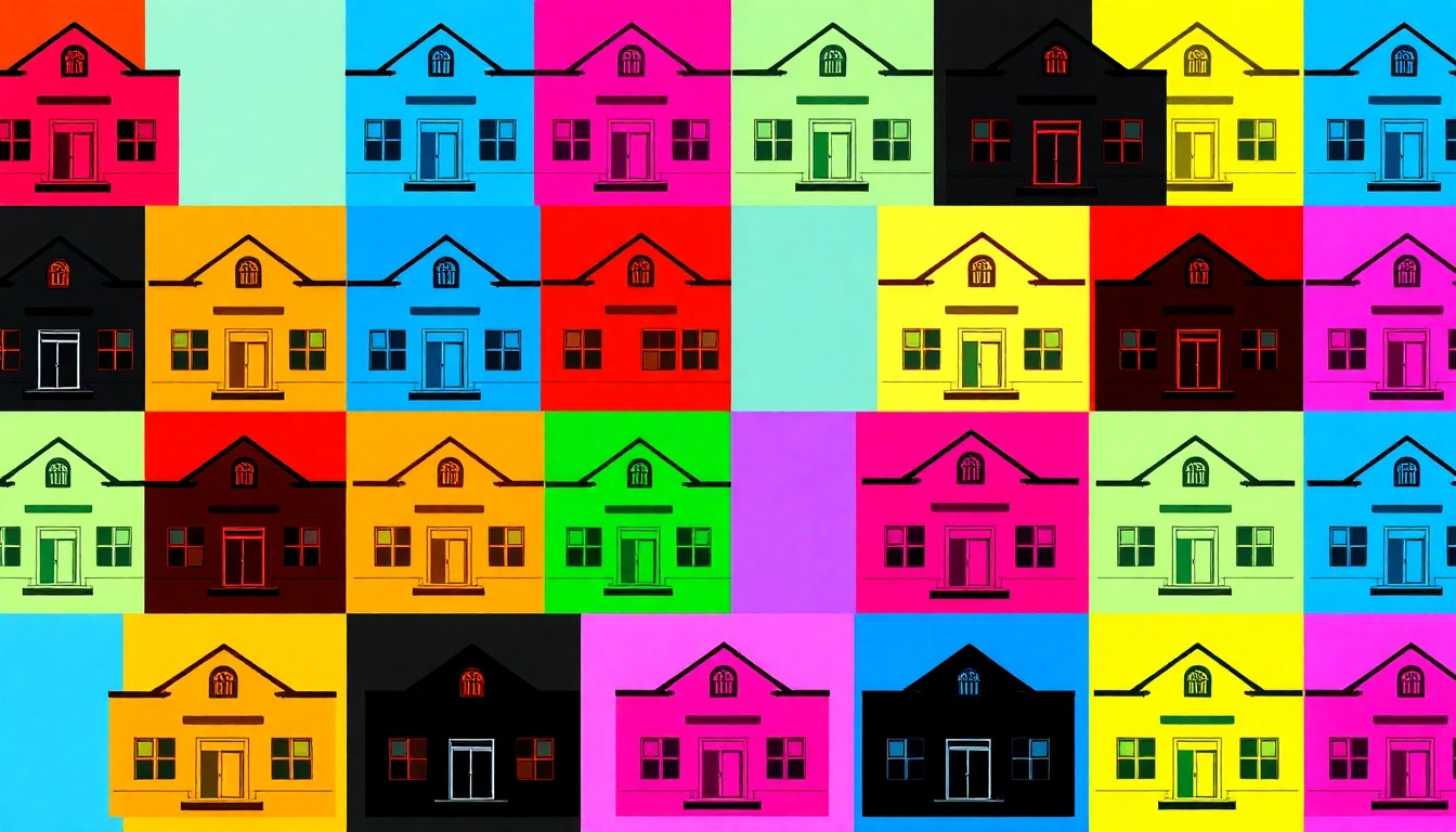 A brightly colored, high-contrast silkscreen print of a stylized school building icon repeated in a tight grid pattern, using vibrant neon colors and heavy black outlines to create a modern pop art representation of the impact of school closures on local communities.