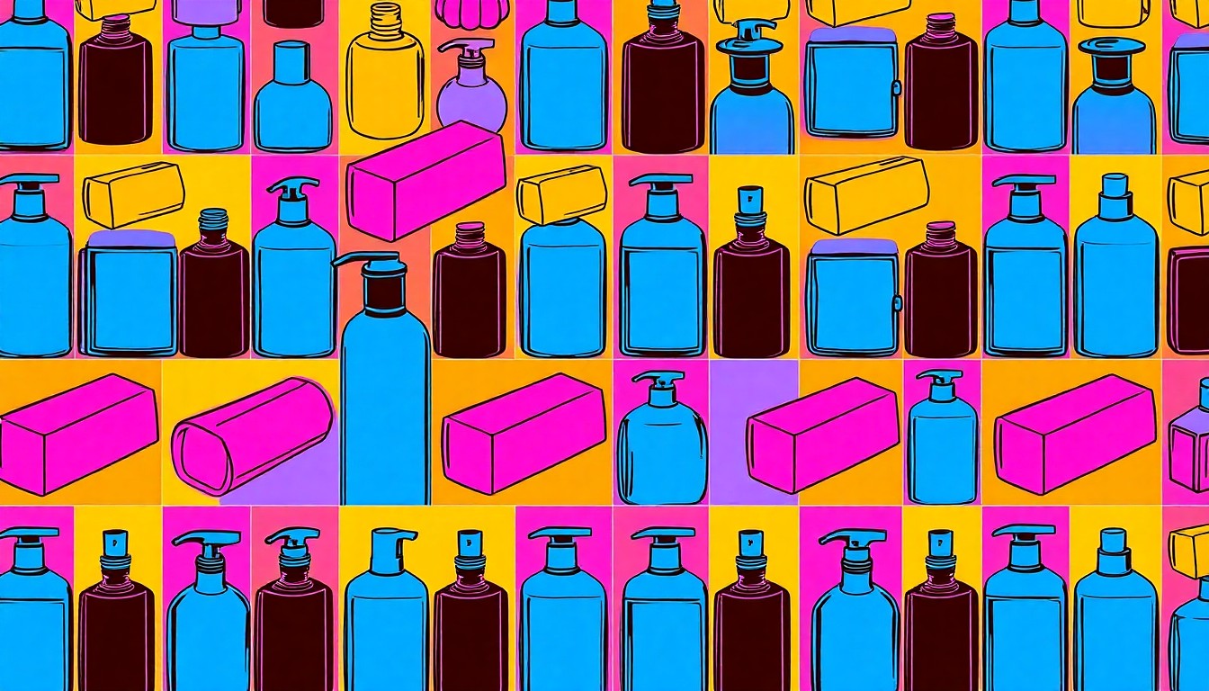 A brightly colored, high-contrast silkscreen print of a hotel bathroom amenity item repeated in a tight grid pattern, conceptually representing the deceptive pricing practices in the hospitality industry.