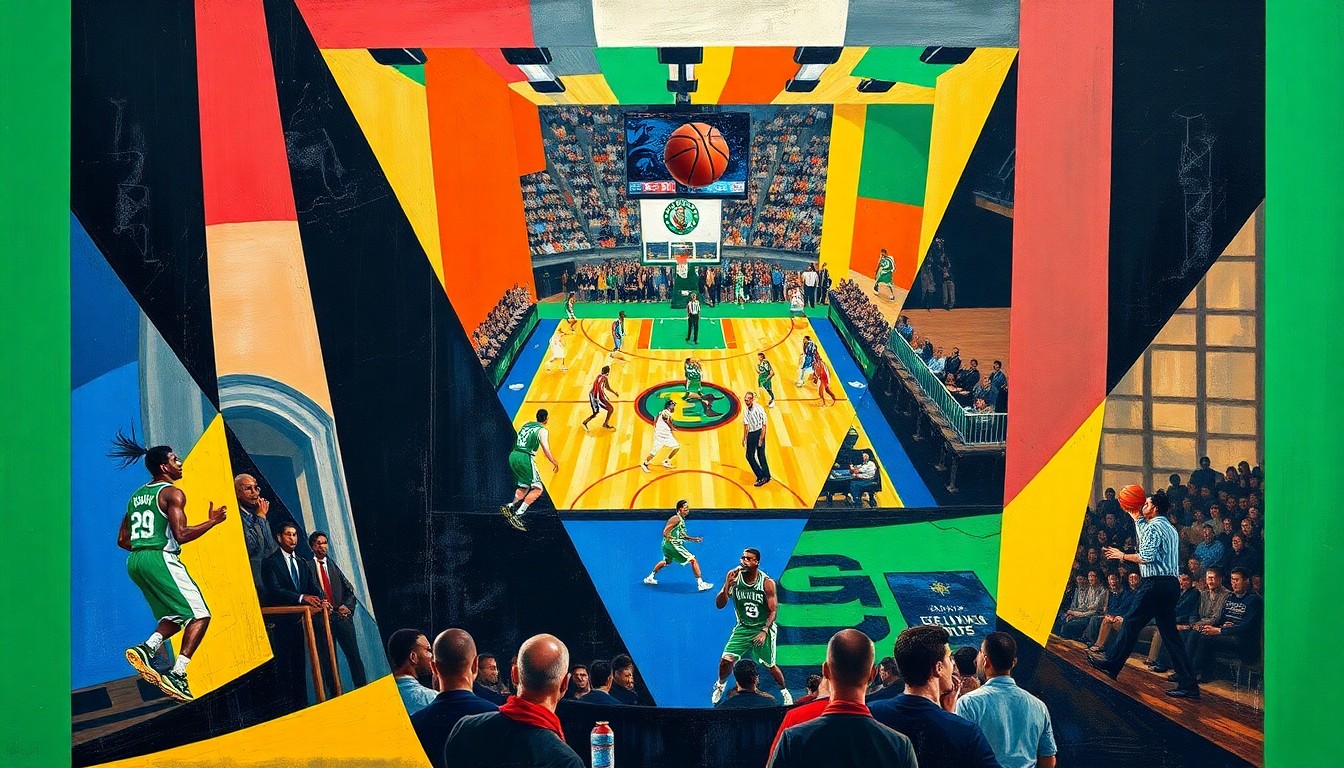 A fragmented, geometric painting depicting the dynamic action of a basketball game, with overlapping shapes and planes of color representing the players' movements and the court's energy.