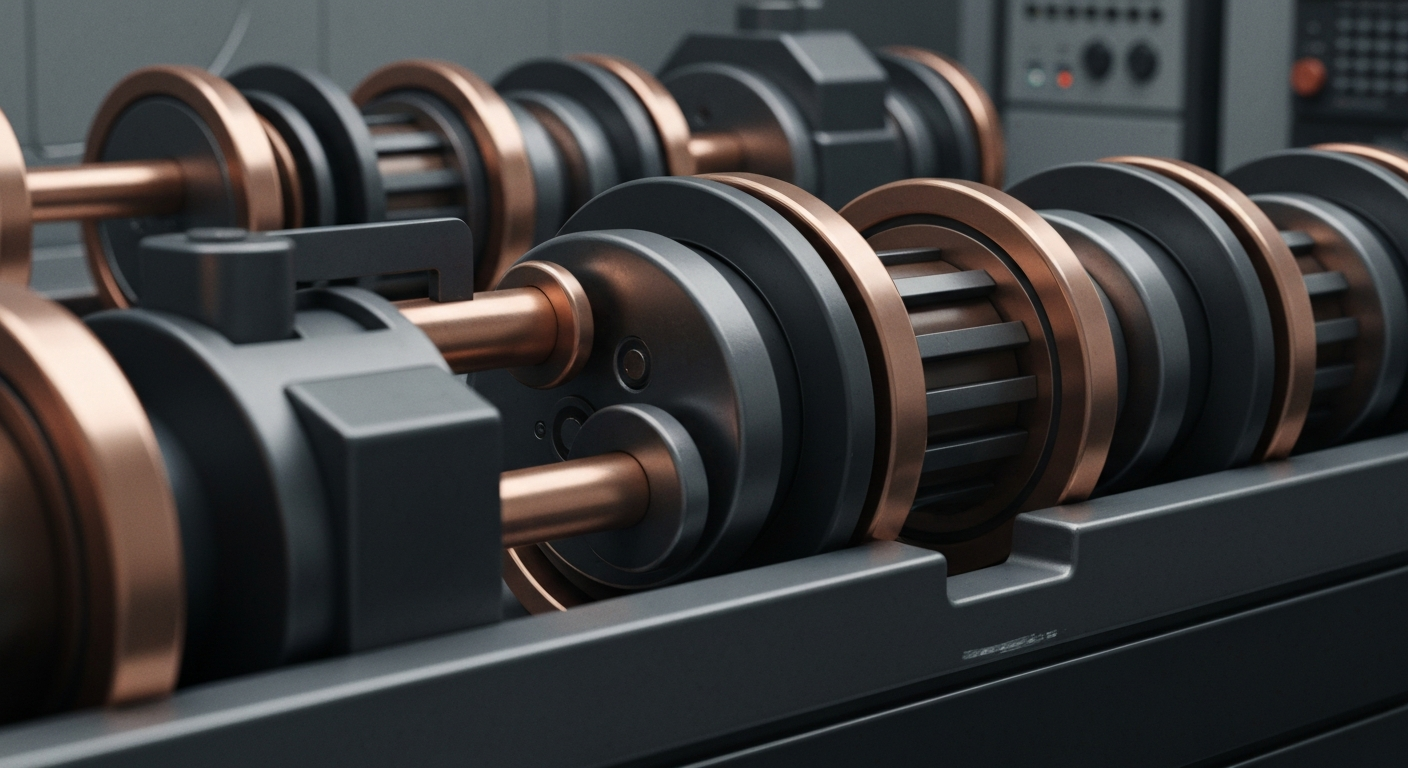 An extreme close-up of industrial banking equipment and machinery, capturing the heavy, tangible nature of financial institutions and the systems that support them.