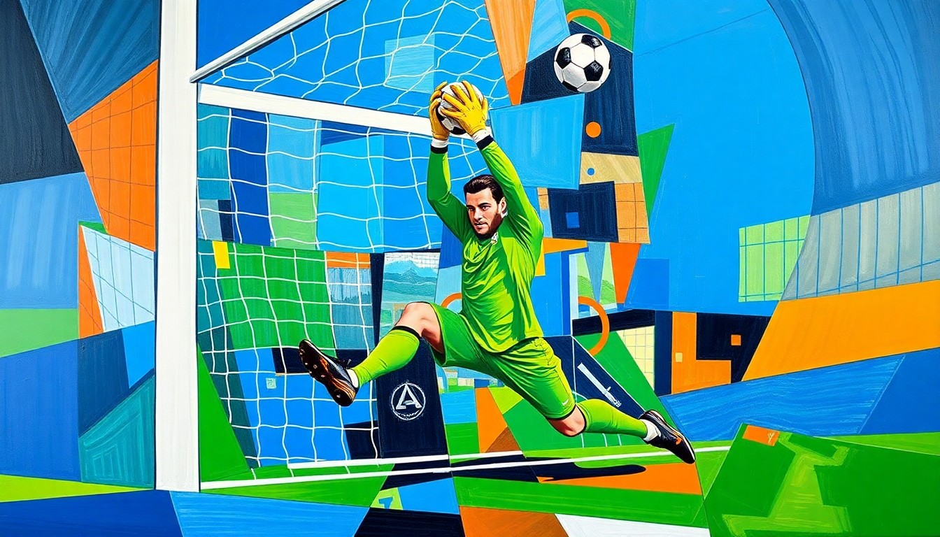 A fragmented, geometric painting depicting a soccer goalkeeper making a diving save, with the player’s body broken down into overlapping planes of bright blue, green, and orange colors.