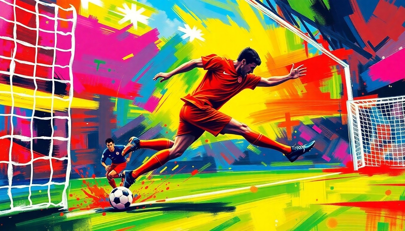 An abstract, expressionist painting in neon colors depicting the dynamic motion of a soccer player scoring a goal, conveying the raw energy and potential of the young athlete.