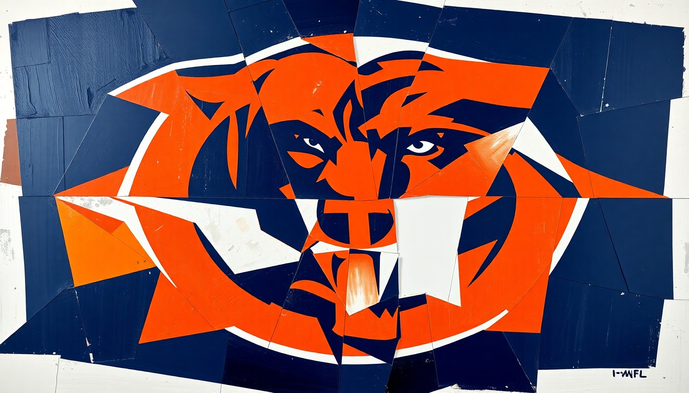 A fragmented, cubist-style painting depicting a Chicago Bears football game or draft strategy, with sharp geometric shapes and planes in navy blue, orange, and white, conveying the complexity and uncertainty surrounding the team's upcoming draft pick.